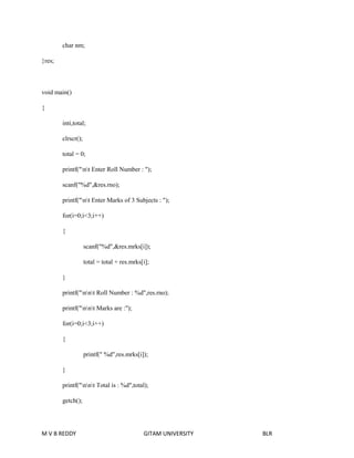 char nm; 
}res; 
void main() 
{ 
inti,total; 
clrscr(); 
total = 0; 
printf("nt Enter Roll Number : "); 
scanf("%d",&res.rno); 
printf("nt Enter Marks of 3 Subjects : "); 
for(i=0;i<3;i++) 
{ 
scanf("%d",&res.mrks[i]); 
total = total + res.mrks[i]; 
} 
printf("nnt Roll Number : %d",res.rno); 
printf("nnt Marks are :"); 
for(i=0;i<3;i++) 
{ 
printf(" %d",res.mrks[i]); 
} 
printf("nnt Total is : %d",total); 
getch(); 
M V B REDDY GITAM UNIVERSITY BLR 
 