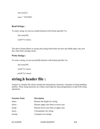 char name[7]; 
name = "TECHNO" 
Read Strings : 
To read a string, we can use scanf() function with format specifier %s. 
char name[50]; 
scanf("%s",name); 
The above format allows to accept only string which does not have any blank space, tab, new 
line, form feed, carriage return. 
Write Strings : 
To write a string, we can use printf() function with format specifier %s. 
char name[50]; 
scanf("%s",name); 
printf("%s",name); 
string.h header file : 
'string.h' is a header file which includes the declarations, functions, constants of string handling 
utilities. These string functions are widely used today by many programmers to deal with string 
operations. 
Function Name Description 
strlen - Returns the length of a string. 
strlwr - Returns upper case letter to lower case. 
strupr - Returns lower case letter to upper case. 
strcat - Concatenates two string. 
strcmp - Compares two strings. 
M V B REDDY GITAM UNIVERSITY BLR 
 