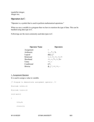 typedefint integer; 
integer rno; 
Operators in C : 
"Operator is a symbol that is used to perform mathematical operations." 
When we use a variable in a program then we have to mention the type of data. This can be 
handled using data type in C. 
Followings are the most commonly used data types in C. 
Operator Name Operators 
Assignment = 
Arithmetic +, -, *, /, % 
Logical &&, ||, ! 
Relational <, >, <=, >=, ==, != 
Shorthand +=, -=, *=, /=, %= 
Unary ++, -- 
Conditional ()?:; 
Bitwise &, |, ^, <<, >>, ~ 
1. Assignment Operator 
It is used to assign a value to variable. 
/* Program to demonstrate assignment operator .*/ 
#include <stdio.h> 
#include <conio.h> 
void main() 
{ 
inta,b; 
clrscr(); 
M V B REDDY GITAM UNIVERSITY BLR 
 