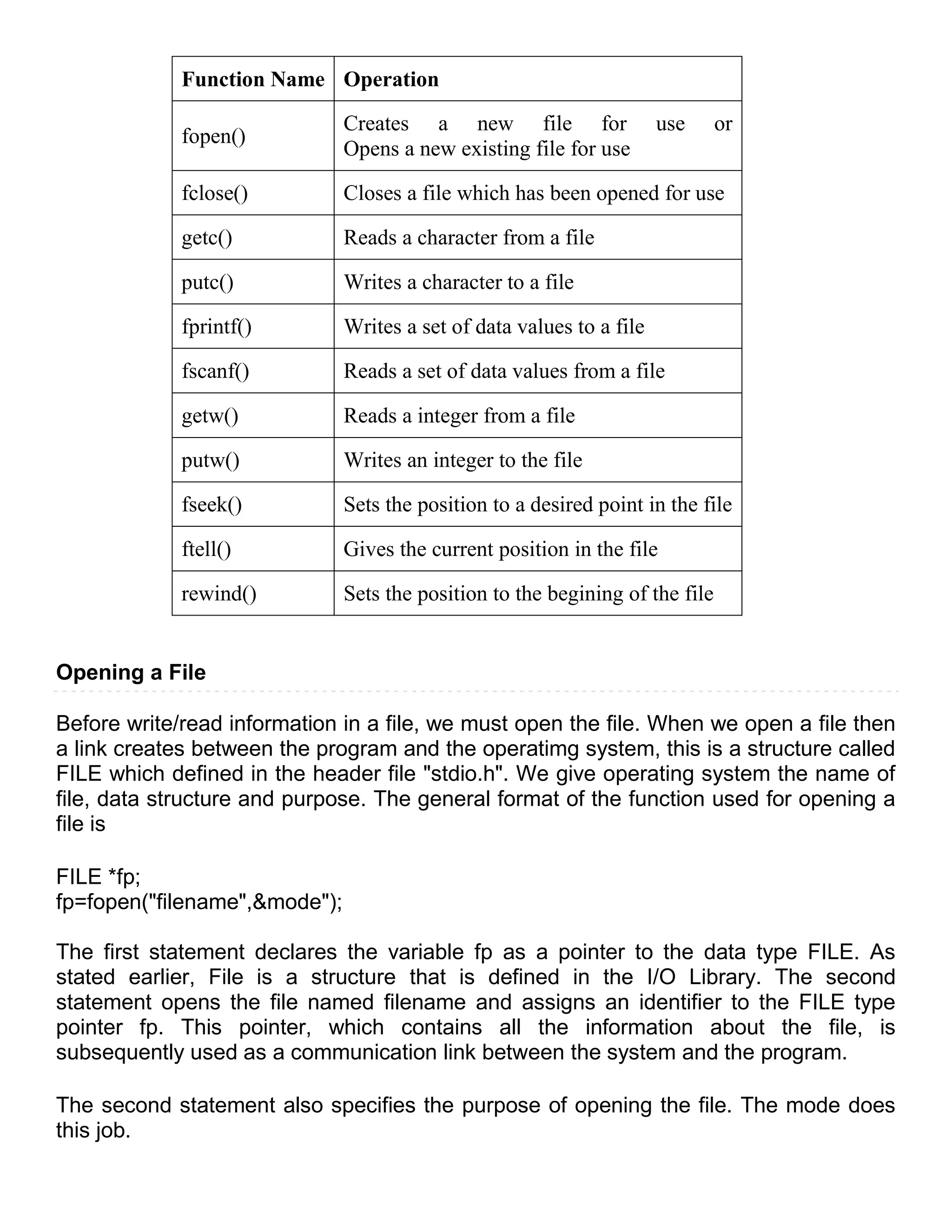 Function Name Operation

                               Creates a new file for                  use     or
             fopen()
                               Opens a new existing file for use

             fclose()          Closes a file which has been opened for use

             getc()            Reads a character from a file

             putc()            Writes a character to a file

             fprintf()         Writes a set of data values to a file

             fscanf()          Reads a set of data values from a file

             getw()            Reads a integer from a file

             putw()            Writes an integer to the file

             fseek()           Sets the position to a desired point in the file

             ftell()           Gives the current position in the file

             rewind()          Sets the position to the begining of the file


Opening a File

Before write/read information in a file, we must open the file. When we open a file then
a link creates between the program and the operatimg system, this is a structure called
FILE which defined in the header file "stdio.h". We give operating system the name of
file, data structure and purpose. The general format of the function used for opening a
file is

FILE *fp;
fp=fopen("filename",&mode");

The first statement declares the variable fp as a pointer to the data type FILE. As
stated earlier, File is a structure that is defined in the I/O Library. The second
statement opens the file named filename and assigns an identifier to the FILE type
pointer fp. This pointer, which contains all the information about the file, is
subsequently used as a communication link between the system and the program.

The second statement also specifies the purpose of opening the file. The mode does
this job.
 