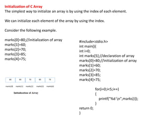 Initialization of C Array
The simplest way to initialize an array is by using the index of each element.
We can initialize each element of the array by using the index.
Consider the following example.
marks[0]=80;//initialization of array
marks[1]=60;
marks[2]=70;
marks[3]=85;
marks[4]=75;
#include<stdio.h>
int main(){
int i=0;
int marks[5];//declaration of array
marks[0]=80;//initialization of array
marks[1]=60;
marks[2]=70;
marks[3]=85;
marks[4]=75;
for(i=0;i<5;i++)
{
printf("%d n",marks[i]);
}
return 0;
}
 