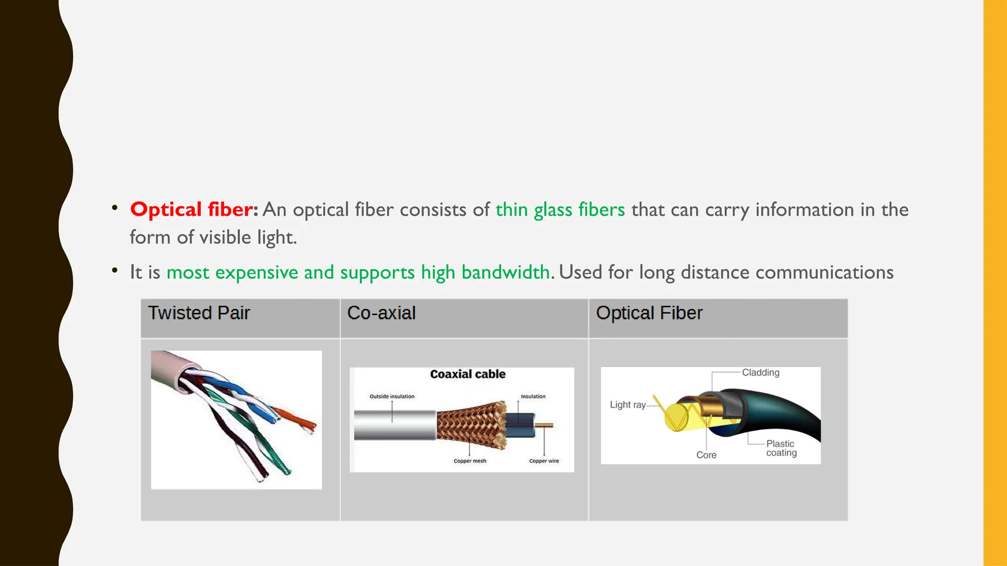 • Optical fiber: An optical fiber consists of thin glass fibers that can carry information in the
form of visible light.
• It is most expensive and supports high bandwidth. Used for long distance communications
 