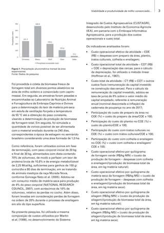Viabilidade e produtividade de milho consorciado... 3
Figura 1. Precipitação pluviométrica mensal da área
experimental.
Fonte: Dados da pesquisa.
Foi procedida à coleta da biomassa fresca de
forragem total em diversos pontos aleatórios na
área de milho solteiro e consorciado com capim-
massai. Em seguida, as amostras foram pesadas e
encaminhadas ao Laboratório de Nutrição Animal
e Forragicultura da Embrapa Caprinos e Ovinos
para a determinação do teor de matéria pré-seca
em estufa de ventilação forçada a temperatura
de 55 ºC até a obtenção do peso constante,
visando a determinação da produção de biomassa
de forragem total. Em seguida, foi simulada a
quantidade de ovinos possível de ser alimentada
com o material ensilado durante os 240 dias,
correspondentes à época de estiagem no semiárido
brasileiro considerando uma área formada de 1,0 ha.
Como referência, foram utilizados ovinos em fase
de terminação, com peso corporal inicial de 20 kg
e final de 30 kg, alimentados com dieta contendo
70% de volumoso, de modo a perfazer um teor de
proteína bruta de 10,8% e de energia metabolizável
de 2,25 Mcal/kg, suficientes para ganhos de 150 g/
ovino/dia e 80 dias de terminação, em se tratando
de animais mestiços da raça Morada Nova,
conforme Gonzaga Neto et al. (2005). Adotou-se
um consumo médio de matéria seca para produção
de 4% do peso corporal (NATIONAL RESEARCH
COUNCIL, 2007), com acréscimos de 10% de
volumoso, relativo às perdas no cocho. Além disso,
foram levadas em consideração perdas de forragem
na ordem de 20% durante o processo de ensilagem
em silo do tipo superfície.
Na presente pesquisa, foi utilizada a mesma
composição de custos utilizados por Martin
et al. (1998), no desenvolvimento do Sistema
Integrado de Custos Agropecuários (CUSTAGRI),
desenvolvido pelo Instituto de Economia Agrícola
(IEA), em parceria com o Embrapa Informática
Agropecuária, para a produção dos custos
operacionais e custo total.
Os indicadores analisados foram:
•	 Custo operacional efetivo da atividade – COE
(R$) = despesas com preparo da área, plantio,
tratos culturais, colheita e ensilagem;
•	 Custo operacional total da atividade – COT (R$)
= COE + depreciação das cercas; para o cálculo
da depreciação, foi utilizado o método linear
(Hoffman et al., 1987);
•	 Custo total da atividade – CT (R$) = COT + outros
custos fixos (remuneração do capital investido
na construção das cercas). Para o cálculo da
remuneração do capital investido, adotou-se
taxa de juros de 6% sobre o valor médio do
capital empatado, referente à remuneração
anual (nominal descontada a inflação) da
caderneta de poupança no ano de 2017;
•	 Participação do custo de preparo da área no
COE (%) = custo do preparo da área/COE x 100;
•	 Participação do custo do plantio no COE (%) =
custo do plantio/COE x 100;
•	 Participação do custo com tratos culturais no
COE (%) = custo com tratos culturais/COE x 100;
•	 Participação do custo com colheita e ensilagem
no COE (%) = custo com colheita e ensilagem/
COE x 100;
•	 Custo operacional efetivo por quilograma
de forragem verde (R$/kg MN) = (custo da
produção de forragem – despesas com colheita
e ensilagem)/(produção de biomassa total da
área, em kg matéria natural);
•	 Custo operacional efetivo por quilograma de
matéria seca da forragem (R$/kg MS) = (custo da
produção de forragem – despesas com colheita
e ensilagem)/(produção de biomassa total da
área, em kg matéria seca);
•	 Custo operacional efetivo por quilograma de
silagem (R$/kg MN) = (custo da produção da
silagem)/(produção de biomassa total da área,
em kg matéria natural);
•	 Custo operacional efetivo por quilograma de
silagem (R$/kg MS) = (custo da produção da
silagem)/(produção de biomassa total da área,
em kg matéria seca);
 