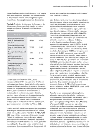 Viabilidade e produtividade de milho consorciado... 5
contabilizado somente no primeiro ano, pois para os
nove anos seguintes, levar-se-á em conta somente
as despesas de custeio, remuneração do capital
investido e a depreciação das cercas, de dez anos.
O custo operacional efetivo (COE), custo
operacional total (COT) e o custo total (CT) foram
maiores para a silagem do consórcio milho+capim-
massai devido ao acréscimo de semente de capim-
massai nas despesas de custeio para a implantação
da área, como comentado anteriormente. A
participação do custo com o preparo do solo,
plantio e tratos culturais nas despesas de custeio
do consórcio representaram em média 8,74%,
20,39% e 17,15% no COE, sendo inferiores à
participação do custo com a colheita e ensilagem,
que representaram em média 53,72% no COE.
Quanto ao custo operacional efetivo por quilograma
de forragem verde das diferentes culturas no COE,
foram observados valores na ordem de R$ 0,08; R$
0,06; para milho e consórcio milho+capim-massai
(Tabela 5), ratificando a importância da adoção
do consórcio no Semiárido brasileiro, com maior
produção por unidade de área, não sendo, portanto,
superado pelas despesas, pois o único item que
impactou no desembolso adicional do consórcio foi
apenas a compra das sementes de capim-massai,
com custo de R$ 160,00.
Vale destacar também a importância da produção
de volumoso na própria propriedade, apresentando
custo por quilograma de matéria natural (MN)
do volumoso muito inferior a outros alimentos
volumosos comercializados na região, como é o
caso do volumoso de milho com palha e sabugo
triturado, que é comercializado a R$ 0,15/kg MN.
Quando se calcula frete a uma distância de 391
km entre Sobral e municípios que comercializam
alimentos volumosos no Estado do Ceará,
o valor do volumoso de milho com palha e
sabugo triturado eleva-se para R$ 0,25/kg de MN.
Considerando que a capacidade de carga de um
caminhão do tipo caçamba basculante seja de 12
toneladas. Para comprar 44,31 t de forragem, com
teor de MS de 28% (necessária para manter 53
ovinos em produção durante oito meses de seca)
seriam necessárias pelo menos quatro viagens, ao
custo de R$ 4.698,00, o que totaliza em cerca de R$
15.775,00 (volumoso de milho com palha e sabugo
triturado e frete). Vale destacar que esse é somente
o custo para a obtenção do volumoso verde até
a propriedade, em que o produtor teria o custo
adicional para a confecção da silagem, encarecendo
ainda mais o sistema de alimentação do rebanho.
Portanto, se o produtor produzir o volumoso já
com a inclusão das despesas de ensilagem em sua
propriedade, no primeiro ano (ano de implantação
que inclui despesas com cercas), terá uma
economia de cerca de R$ 4.947,00 e nos demais
anos, a economia será de R$ 12.341,22, o que inclui
apenas as despesas de custeio.
Ressalta-se que todas as operações de plantio,
adubação, tratos culturais, colheita e ensilagem
utilizadas neste trabalho foram mecanizadas, devido
à disponibilidade de máquinas e implementos
para a execução do serviço. Diante disso, Monteiro
e Yamaguchi (2001) sugerem que o produtor
poderia recorrer às cooperativas ou associações de
produtores, que costumam dispor de “patrulhas
motomecanizadas” e que podem prestar serviços
a seus associados. No caso de o produtor não ter
acesso a cooperativas ou associações, a ensilagem
pode ser feita de forma mais rudimentar, por meio
da tração animal e da contratação de mão de obra
terceirizada, contudo a logística do processo pode ser
afetada, tendo em vista que o tempo máximo para a
ensilagem do material desde o corte é de até três dias.
Tabela 2. Produção de biomassa de forragem e de
silagem de milho consorciado ou não ao capim-
massai em sistema de sequeiro no Semiárido
brasileiro.
Variável
Milho
(1,0 ha)
Milho+massai
(1,0 ha)
Produção de biomassa
total de matéria natural
(kg ha-1
)
18.886 28.288
Produção de biomassa
total de matéria seca (kg
ha-1
)
11.168 12.407
Produção de milho (kg MS
ha-1
)
4.497 3.449
Produção de matéria
natural de silagem (kg
ha-1
)
15.142 23.083
Produção de matéria seca
de silagem (kg ha-1
)
8.934 9.926
Quantidade de ovinos
em produção possíveis
de serem alimentados na
época seca (240 dias)
48 53
 