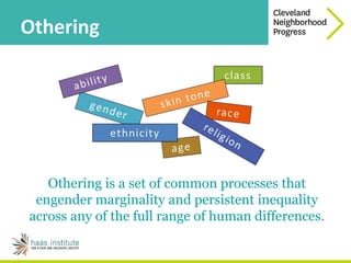 Othering
Othering is a set of common processes that
engender marginality and persistent inequality
across any of the full ...