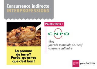 pour le CNPO
Concurrence indirecte
inTerprofessions
points forts :
blog
journée mondiale de l’oeuf
concours culinaire
 