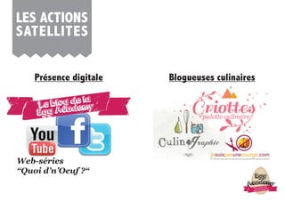 les ACTions
sATelliTes
présence digitale
aLe blog de la
Egg Academy
Blogueuses culinaires
aNos oeufs sont
egg’straordinaires
Egg
Academy
Web-séries
“Quoi d’n’Oeuf ?“
 