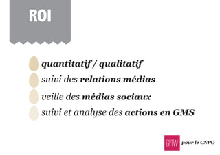 pour le CNPO
roi
quantitatif / qualitatif
suivi des relations médias
veille des médias sociaux
suivi et analyse des actions en GMS
 