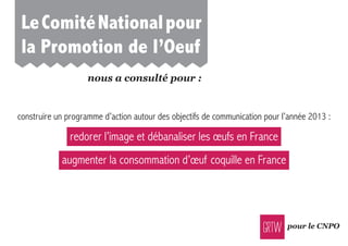pour le CNPO
construire un programme d’action autour des objectifs de communication pour l’année 2013 :
leComiténationalpour
la promotion de l’oeuf
nous a consulté pour :
redorer l’image et débanaliser les œufs en France
augmenter la consommation d’œuf coquille en France
 