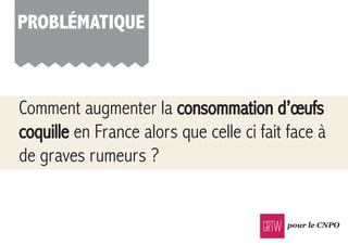 pour le CNPO
proBlÉMATiQUe
comment augmenter la consommation d’œufs
coquille en France alors que celle ci fait face à
de graves rumeurs ?
 