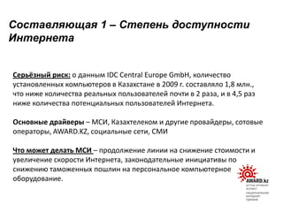 Серьёзный риск: о данным IDC Central Europe GmbH, количество
установленных компьютеров в Казахстане в 2009 г. составляло 1,8 млн.,
что ниже количества реальных пользователей почти в 2 раза, и в 4,5 раз
ниже количества потенциальных пользователей Интернета.
Основные драйверы – МСИ, Казахтелеком и другие провайдеры, сотовые
операторы, AWARD.KZ, социальные сети, СМИ
Что может делать МСИ – продолжение линии на снижение стоимости и
увеличение скорости Интернета, законодательные инициативы по
снижению таможенных пошлин на персональное компьютерное
оборудование.
Составляющая 1 – Степень доступности
Интернета
 