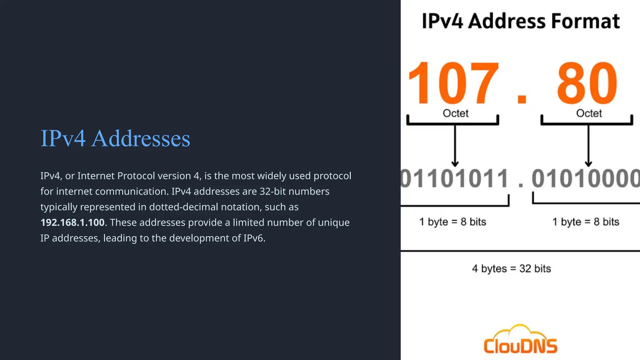 IPv4 Addresses
IPv4, or Internet Protocol version 4, is the most widely used protocol
for internet communication. IPv4 addresses are 32-bit numbers
typically represented in dotted-decimal notation, such as
192.168.1.100. These addresses provide a limited number of unique
IP addresses, leading to the development of IPv6.
 