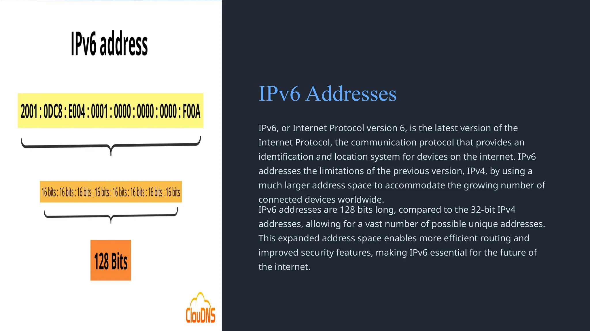 IPv6 Addresses
IPv6, or Internet Protocol version 6, is the latest version of the
Internet Protocol, the communication protocol that provides an
identification and location system for devices on the internet. IPv6
addresses the limitations of the previous version, IPv4, by using a
much larger address space to accommodate the growing number of
connected devices worldwide.
IPv6 addresses are 128 bits long, compared to the 32-bit IPv4
addresses, allowing for a vast number of possible unique addresses.
This expanded address space enables more efficient routing and
improved security features, making IPv6 essential for the future of
the internet.
 