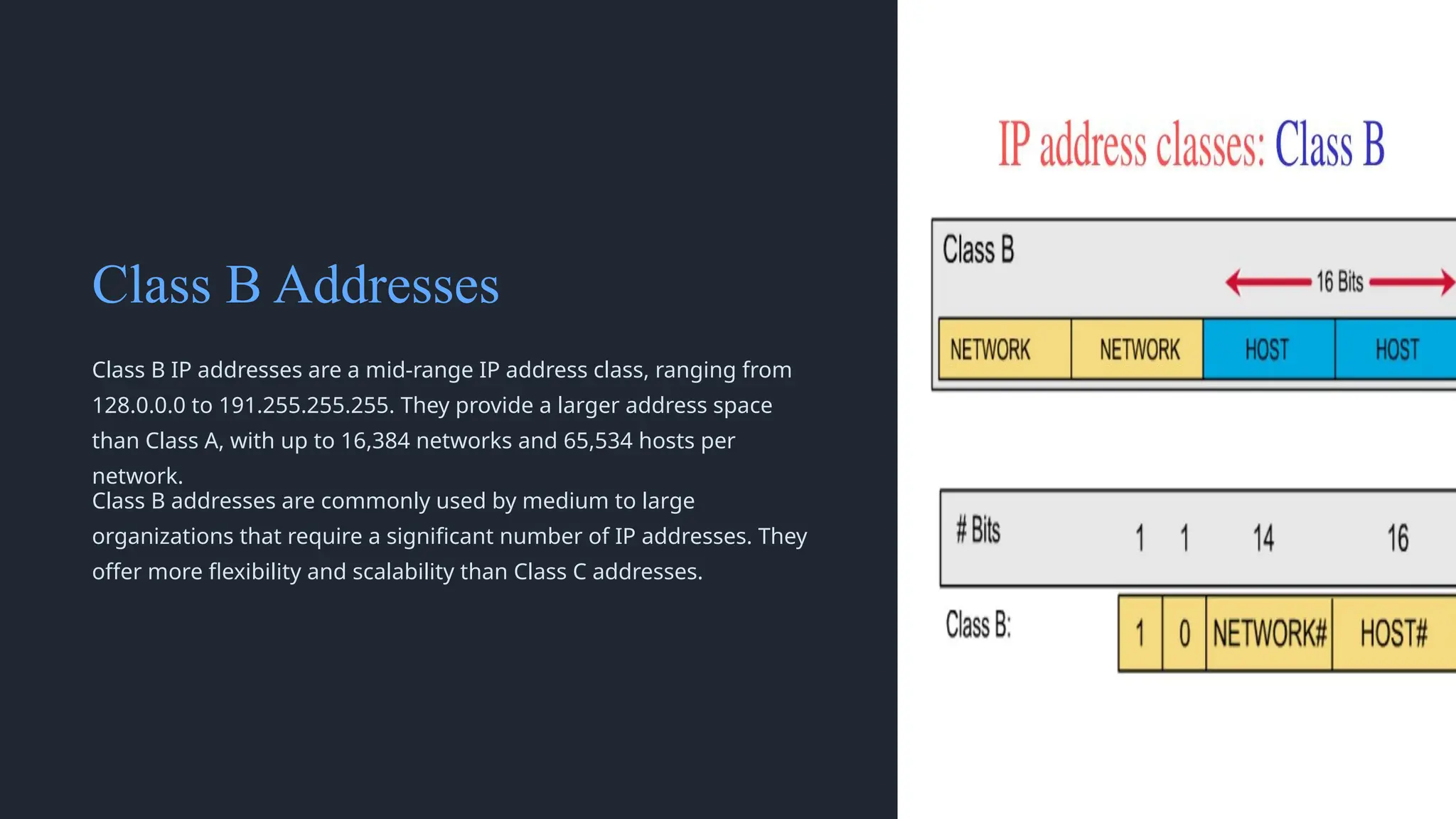 Class B Addresses
Class B IP addresses are a mid-range IP address class, ranging from
128.0.0.0 to 191.255.255.255. They provide a larger address space
than Class A, with up to 16,384 networks and 65,534 hosts per
network.
Class B addresses are commonly used by medium to large
organizations that require a significant number of IP addresses. They
offer more flexibility and scalability than Class C addresses.
 
