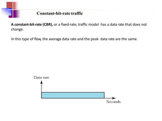 Constant-bit-rate traffic
A constant-bit-rate (CBR), or a fixed-rate, traffic model has a data rate that does not
change.
In this type of flow, the average data rate and the peak data rate are the same.
 