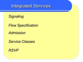 Integrated Services
Signaling
Flow Specification
Admission
Service Classes
RSVP
 