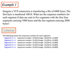 Example 1
Imagine a TCP connection is transferring a file of 6000 bytes.The
first byte is numbered 10010. What are the sequence numbers for
each segment if data are sent in five segments with the first four
segments carrying 1000 bytes and the last segment carrying 2000
bytes?
Solution
The following shows the sequence number for each segment:
Segment 1 ==>
Segment 2 ==>
Segment 3 ==>
Segment 4 ==>
Segment 5 ==>
sequence number: 10,010 (range: 10,010 to 11,009)
sequence number: 11,010 (range: 11,010 to 12,009)
sequence number: 12,010 (range: 12,010 to 13,009)
sequence number: 13,010 (range: 13,010 to 14,009)
sequence number: 14,010 (range: 14,010 to 16,009)
 