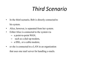 Third Scenario
• In the third scenario, Bob is directly connected to
his system.
• Alice, however, is separated from her system.
• Either Alice is connected to the system via
– a point-to-point WAN,
– such as a dial-up modem,
– a DSL, or a cable modem;
• or she is connected to a LAN in an organization
that uses one mail server for handling e-mails.
 
