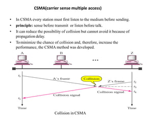 CSMA(carrier sense multiple access)
• In CSMA every station must first listen to the medium before sending.
• principle: sense before transmit or listen before talk.
• It can reduce the possibility of collision but cannot avoid it because of
propagation delay.
• Tominimize the chance of collision and, therefore, increase the
performance, the CSMA method was developed.
Collision in CSMA
 