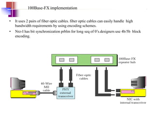 100Base-FX implementation
• It uses 2 pairs of fiber optic cables. fiber optic cables can easily handle high
bandwidth requirements by using encoding schemes.
• Nrz-I has bit synchronization prblm for long seq of 0’s.designers use 4b/5b block
encoding.
 