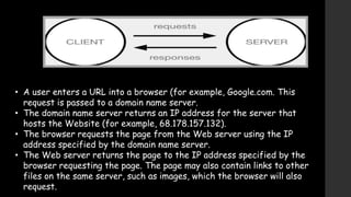 • A user enters a URL into a browser (for example, Google.com. This
request is passed to a domain name server.
• The domain name server returns an IP address for the server that
hosts the Website (for example, 68.178.157.132).
• The browser requests the page from the Web server using the IP
address specified by the domain name server.
• The Web server returns the page to the IP address specified by the
browser requesting the page. The page may also contain links to other
files on the same server, such as images, which the browser will also
request.
 
