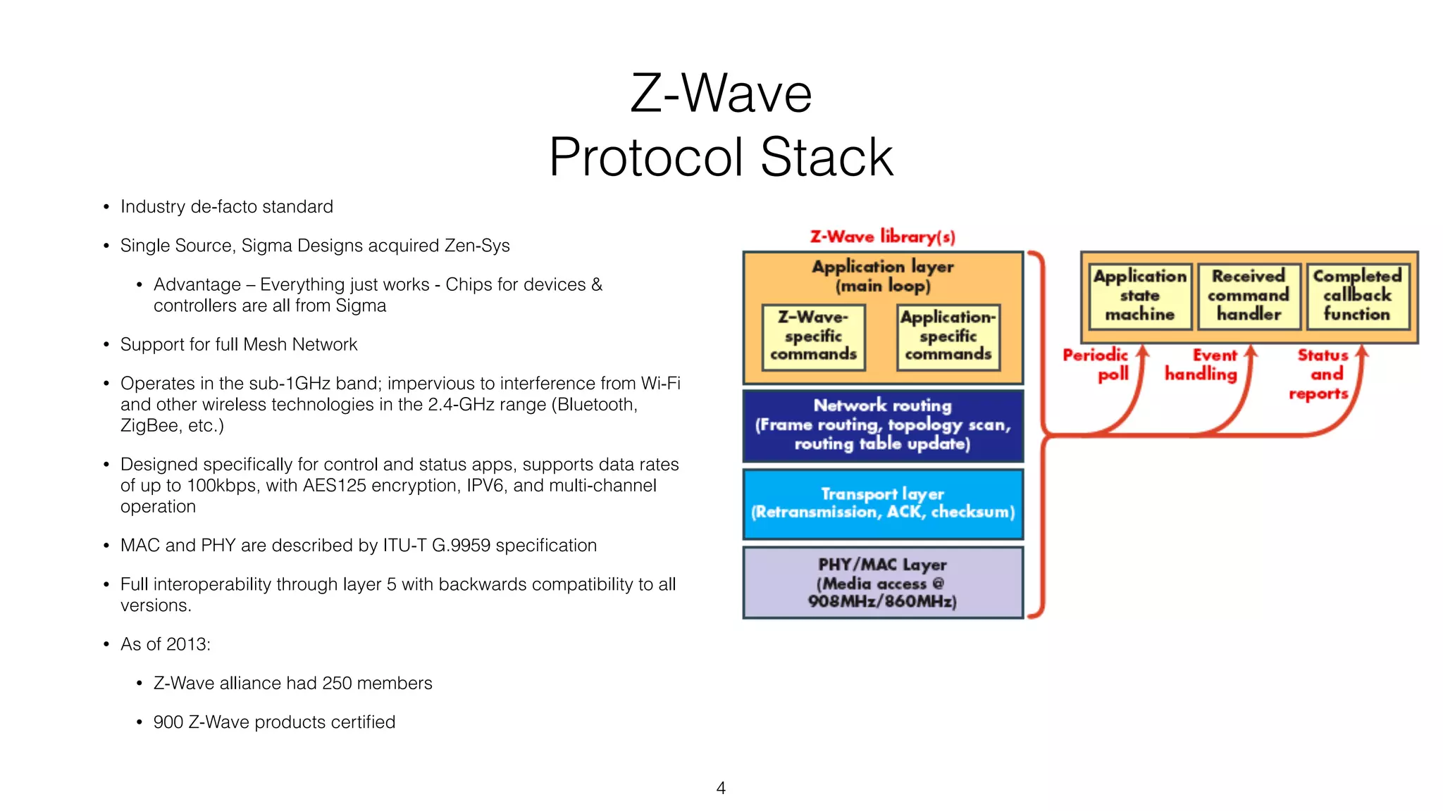 Z-Wave
Protocol Stack
• Industry de-facto standard
• Single Source, Sigma Designs acquired Zen-Sys
• Advantage – Everything just works - Chips for devices &
controllers are all from Sigma
• Support for full Mesh Network
• Operates in the sub-1GHz band; impervious to interference from Wi-Fi
and other wireless technologies in the 2.4-GHz range (Bluetooth,
ZigBee, etc.)
• Designed speciﬁcally for control and status apps, supports data rates
of up to 100kbps, with AES125 encryption, IPV6, and multi-channel
operation
• MAC and PHY are described by ITU-T G.9959 speciﬁcation
• Full interoperability through layer 5 with backwards compatibility to all
versions.
• As of 2013:
• Z-Wave alliance had 250 members
• 900 Z-Wave products certiﬁed
4
 