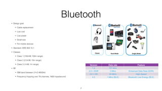Bluetooth
• Design goal
• Cable replacement
• Low cost
• Low power
• Small size
• For mobile devices
• Standard: IEEE 802....