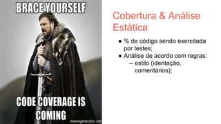 • http://www.guru99.com/mutation-testing.html
• http://blog.arkency.com/2015/05/mutation-testing-and-continuous-integration/
• http://blog.arkency.com/2015/06/how-good-are-your-ruby-tests-testing-your-tests-with-mutant/
• https://blog.blockscore.com/how-to-write-better-code-using-mutation-testing/
• http://www.slideshare.net/stefanteixeira/vr-dev-summit-2016-primeiros-passos-em-automao-de-
testes
• http://pt.slideshare.net/fredoriginal/palestra-de-como-testar-sua-api-rest-no-grupo-de-teste-carioca
• https://css-tricks.com/visual-regression-testing-with-phantomcss/
• http://www.softwaretestinghelp.com/performance-testing-tools-load-testing-tools/
• https://talkingabouttesting.com/tag/e2e-testing/
• https://robots.thoughtbot.com/how-to-stub-external-services-in-tests
• http://www.devmedia.com.br/como-adotar-a-analise-estatica-de-codigo/32727
• http://www.slideshare.net/samantacicilia/continuous-delivery-verso-estendida
• http://www.slideshare.net/grupodetestescarioca
 