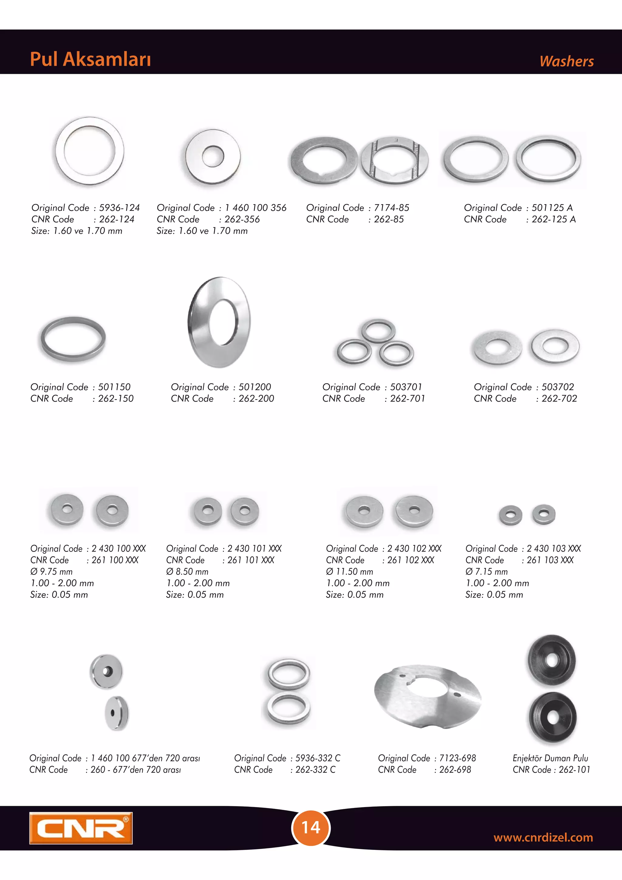14 www.cnrdizel.com
Pul Aksamları Washers
Original Code : 7123-698
CNR Code : 262-698
Original Code : 1 460 100 677’den 720 arası
CNR Code : 260 - 677’den 720 arası
Original Code : 5936-124
CNR Code : 262-124
Size: 1.60 ve 1.70 mm
Original Code : 1 460 100 356
CNR Code : 262-356
Size: 1.60 ve 1.70 mm
Original Code : 7174-85
CNR Code : 262-85
Original Code : 501125 A
CNR Code : 262-125 A
Original Code : 501150
CNR Code : 262-150
Original Code : 501200
CNR Code : 262-200
Original Code : 503701
CNR Code : 262-701
Original Code : 503702
CNR Code : 262-702
Original Code : 2 430 100 XXX
CNR Code : 261 100 XXX
Ø 9.75 mm
1.00 - 2.00 mm
Size: 0.05 mm
Original Code : 2 430 101 XXX
CNR Code : 261 101 XXX
Ø 8.50 mm
1.00 - 2.00 mm
Size: 0.05 mm
Original Code : 2 430 102 XXX
CNR Code : 261 102 XXX
Ø 11.50 mm
1.00 - 2.00 mm
Size: 0.05 mm
Original Code : 2 430 103 XXX
CNR Code : 261 103 XXX
Ø 7.15 mm
1.00 - 2.00 mm
Size: 0.05 mm
Original Code : 5936-332 C
CNR Code : 262-332 C
Enjektör Duman Pulu
CNR Code : 262-101
 