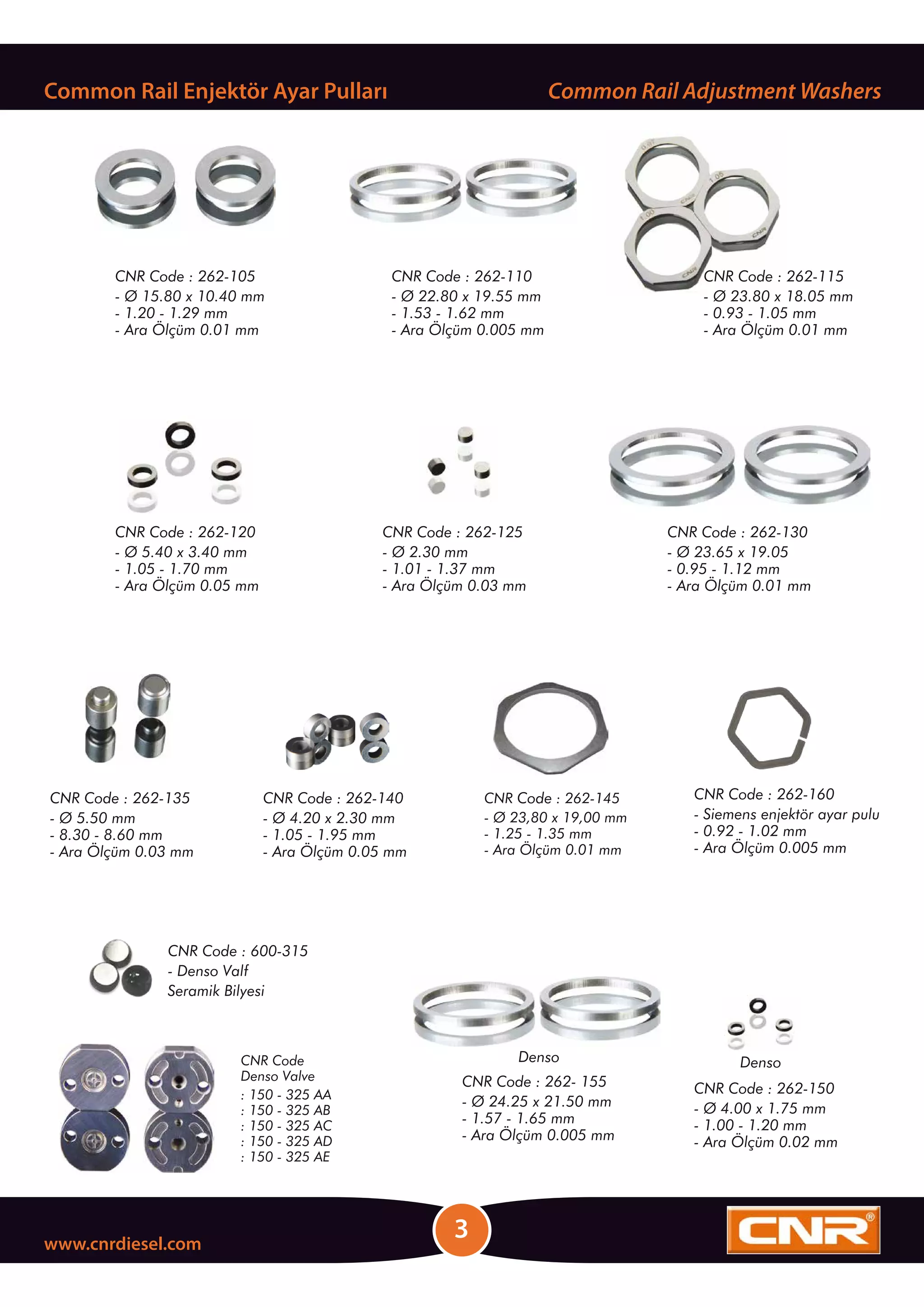 CNR Code : 262-110
- Ø 22.80 x 19.55 mm
- 1.53 - 1.62 mm
- Ara Ölçüm 0.005 mm
3
www.cnrdiesel.com
Common Rail Enjektör Ayar Pulları
CNR Code : 262-105
- Ø 15.80 x 10.40 mm
- 1.20 - 1.29 mm
- Ara Ölçüm 0.01 mm
CNR Code : 262-115
- Ø 23.80 x 18.05 mm
- 0.93 - 1.05 mm
- Ara Ölçüm 0.01 mm
CNR Code : 262-120
- Ø 5.40 x 3.40 mm
- 1.05 - 1.70 mm
- Ara Ölçüm 0.05 mm
CNR Code : 262-125
- Ø 2.30 mm
- 1.01 - 1.37 mm
- Ara Ölçüm 0.03 mm
CNR Code : 262-130
- Ø 23.65 x 19.05
- 0.95 - 1.12 mm
- Ara Ölçüm 0.01 mm
CNR Code : 262-135
- Ø 5.50 mm
- 8.30 - 8.60 mm
- Ara Ölçüm 0.03 mm
CNR Code : 262-145
- Ø 23,80 x 19,00 mm
- 1.25 - 1.35 mm
- Ara Ölçüm 0.01 mm
Common Rail Adjustment Washers
CNR Code : 262- 155
- Ø 24.25 x 21.50 mm
- 1.57 - 1.65 mm
- Ara Ölçüm 0.005 mm
Denso
CNR Code : 262-150
- Ø 4.00 x 1.75 mm
- 1.00 - 1.20 mm
- Ara Ölçüm 0.02 mm
Denso
CNR Code : 262-140
- Ø 4.20 x 2.30 mm
- 1.05 - 1.95 mm
- Ara Ölçüm 0.05 mm
CNR Code : 262-160
- Siemens enjektör ayar pulu
- 0.92 - 1.02 mm
- Ara Ölçüm 0.005 mm
CNR Code : 600-315
- Denso Valf
Seramik Bilyesi
CNR Code
Denso Valve
: 150 - 325 AA
: 150 - 325 AB
: 150 - 325 AC
: 150 - 325 AD
: 150 - 325 AE
 
