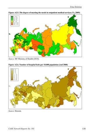 Irina Sinitsina 
Figure A2.5. The degree of meeting the needs in outpatient medical services (%, 2009) 
Source: RF Ministry of Health (2010). 
Figure A2.6. Number of hospital beds per 10,000 population (end 2008) 
Source: Rosstat. 
CASE Network Reports No. 103 130 
 