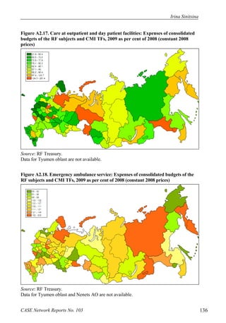 Irina Sinitsina 
Figure A2.17. Care at outpatient and day patient facilities: Expenses of consolidated 
budgets of the RF subjects and CMI TFs, 2009 as per cent of 2008 (constant 2008 
prices) 
Source: RF Treasury. 
Data for Tyumen oblast are not available. 
Figure A2.18. Emergency ambulance service: Expenses of consolidated budgets of the 
RF subjects and CMI TFs, 2009 as per cent of 2008 (constant 2008 prices) 
Source: RF Treasury. 
Data for Tyumen oblast and Nenets AO are not available. 
CASE Network Reports No. 103 136 
