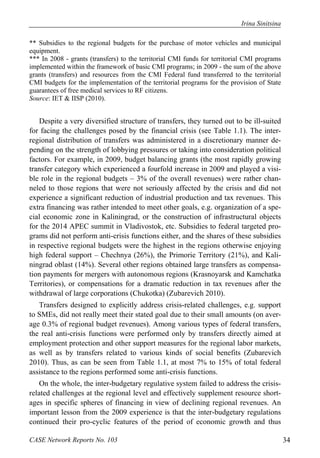 Irina Sinitsina 
** Subsidies to the regional budgets for the purchase of motor vehicles and municipal 
equipment. 
*** In 2008 - grants (transfers) to the territorial CMI funds for territorial CMI programs 
implemented within the framework of basic CMI programs; in 2009 - the sum of the above 
grants (transfers) and resources from the CMI Federal fund transferred to the territorial 
CMI budgets for the implementation of the territorial programs for the provision of State 
guarantees of free medical services to RF citizens. 
Source: IET & IISP (2010). 
Despite a very diversified structure of transfers, they turned out to be ill-suited 
for facing the challenges posed by the financial crisis (see Table 1.1). The inter-regional 
distribution of transfers was administered in a discretionary manner de-pending 
on the strength of lobbying pressures or taking into consideration political 
factors. For example, in 2009, budget balancing grants (the most rapidly growing 
transfer category which experienced a fourfold increase in 2009 and played a visi-ble 
role in the regional budgets – 3% of the overall revenues) were rather chan-neled 
to those regions that were not seriously affected by the crisis and did not 
experience a significant reduction of industrial production and tax revenues. This 
extra financing was rather intended to meet other goals, e.g. organization of a spe-cial 
economic zone in Kaliningrad, or the construction of infrastructural objects 
for the 2014 APEC summit in Vladivostok, etc. Subsidies to federal targeted pro-grams 
did not perform anti-crisis functions either, and the shares of these subsidies 
in respective regional budgets were the highest in the regions otherwise enjoying 
high federal support – Chechnya (26%), the Primorie Territory (21%), and Kali-ningrad 
oblast (14%). Several other regions obtained large transfers as compensa-tion 
payments for mergers with autonomous regions (Krasnoyarsk and Kamchatka 
Territories), or compensations for a dramatic reduction in tax revenues after the 
withdrawal of large corporations (Chukotka) (Zubarevich 2010). 
Transfers designed to explicitly address crisis-related challenges, e.g. support 
to SMEs, did not really meet their stated goal due to their small amounts (on aver-age 
0.3% of regional budget revenues). Among various types of federal transfers, 
the real anti-crisis functions were performed only by transfers directly aimed at 
employment protection and other support measures for the regional labor markets, 
as well as by transfers related to various kinds of social benefits (Zubarevich 
2010). Thus, as can be seen from Table 1.1, at most 7% to 15% of total federal 
assistance to the regions performed some anti-crisis functions. 
On the whole, the inter-budgetary regulative system failed to address the crisis-related 
challenges at the regional level and effectively supplement resource short-ages 
in specific spheres of financing in view of declining regional revenues. An 
important lesson from the 2009 experience is that the inter-budgetary regulations 
continued their pro-cyclic features of the period of economic growth and thus 
CASE Network Reports No. 103 34 
 