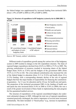 Irina Sinitsina 
the federal budget was supplemented by increased funding from territorial EBFs 
(from 1.19% of GDP in 2008 to1.39% of GDP in 2009). 
Figure 1.6. Structure of expenditures in RF budgetary system by tier in 2008-2009, % 
of GDP 
45 
40 
35 
30 
25 
20 
15 
10 
0 5 
% of GDP 
2008 2009 2008 2009 
RF consolidated budget 
and budgets of extra-budgetary 
funds 
Consolidated budgets 
of RF subjects 
Inter-budgetary transfers 
Social policy 
Health care and sports 
Culture & mass media 
Education 
Environmental protection 
Housing and utilities 
National economy 
National security 
National defense 
General public administration 
Sources: RF Treasury, authors’ calculations. 
Different trends of expenditure growth among the various tiers of the budgetary 
system in 2009 resulted in changes in the GG expenditure structure. The share of 
regional budget expenditures declined from 42.6% in 2008 to 37.2% in 2009. The 
growing centralization of resources resulted in increasing shares of the federal 
budget (from 34.6% to 37.8%) and the budgets of the government EBFs (from 
19.3% to 21.5%) in GG. The crisis-induced centralization also increased the role 
of the federal budget in education (from 21.3 to 23.4%) and health (from 18 to 
21.3%) funding, with a corresponding dramatic decline of the role of regional 
budgets that bear the major burden of responsibility for financing the constitution-al 
guarantees – by 2.1 p.p. for education and by 4.8 p.p. for health care and sports. 
The proportion of the territorial government EBFs in the funding of health care 
and sports has also increased (from 31.8% in 2008 to 32.8% in 2009); this was a 
result of the greater involvement of these funds in implementing the state program 
for free guaranteed medical services. 
The structure of expenditures of the regional consolidated budgets also under-went 
substantial changes in 2009. Although the total size of regional expenditures 
remained practically unchanged, the relative importance of several items increased 
substantially. The latter included: 1) “Social policy” (e.g., increase in expenditures 
CASE Network Reports No. 103 36 
 