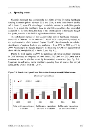 Irina Sinitsina 
3.3. Spending trends 
National statistical data demonstrate the stable growth of public healthcare 
funding in current prices: between 2005 and 2009, it more than doubled (Table 
A2.3, Annex 2), even if it often lagged behind the increase in total GG expendi-tures. 
As a result, the healthcare share in total GG expenditures has somewhat 
decreased. At the same time, the share of this spending item in the federal budget 
has grown, whereas it declined in regional consolidated budgets. 
The substantial increase of the federal budget role in healthcare financing – 
from 11% in 2000 to 18% in 2008 and 21.3% in 2009 – was primarily caused by 
the implementation of the National Project “Health”. Simultaneously, the relative 
significance of regional budgets was declining – from 89% in 2000 to 45% in 
2009. According to the Federal Treasury, the financing by CMI TFs accounted for 
about 33% in 2009 (Table A2.3. Annex 2, and Fig. 3.5). 
Due to the GDP decline in 2009, the percentage of public healthcare spending 
in GDP increased as compared to 2008 (from 3.7% GDP to 4.2% GDP), but it 
remained modest in absolute terms by international comparison (see Fig. 3.4). 
Moreover, in real terms, public healthcare spending from all sources has not yet 
achieved the level of 1991 (IET 2010). 
Figure 3.4. Health care expenditures: International comparisons (WHO estimates) 
Health care expenditures 
18 
16 
14 
12 
10 
0 2 4 6 8 
% RF EU12 EU15 
2004 2008 2004 2008 2004 2008 
Total health expenditure as 
% of GDP 
Public sector expenditure 
on health as % of GDP 
Public sector expenditure 
on health as % of total 
CASE Network Reports No. 103 88 
 