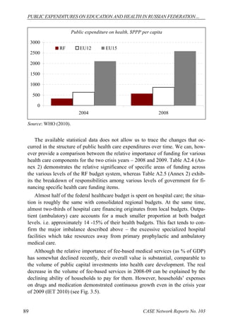 PUBLIC EXPENDITURES ON EDUCATION AND HEALTH IN RUSSIAN FEDERATION… 
Public expenditure on health, $PPP per capita 
3000 
2500 
2000 
1500 
1000 
500 
0 
RF EU12 EU15 
2004 2008 
Source: WHO (2010). 
The available statistical data does not allow us to trace the changes that oc-curred 
in the structure of public health care expenditures over time. We can, how-ever 
provide a comparison between the relative importance of funding for various 
health care components for the two crisis years – 2008 and 2009. Table A2.4 (An-nex 
2) demonstrates the relative significance of specific areas of funding across 
the various levels of the RF budget system, whereas Table A2.5 (Annex 2) exhib-its 
the breakdown of responsibilities among various levels of government for fi-nancing 
specific health care funding items. 
Almost half of the federal healthcare budget is spent on hospital care; the situa-tion 
is roughly the same with consolidated regional budgets. At the same time, 
almost two-thirds of hospital care financing originates from local budgets. Outpa-tient 
(ambulatory) care accounts for a much smaller proportion at both budget 
levels. i.e. approximately 14 -15% of their health budgets. This fact tends to con-firm 
the major imbalance described above – the excessive specialized hospital 
facilities which take resources away from primary prophylactic and ambulatory 
medical care. 
Although the relative importance of fee-based medical services (as % of GDP) 
has somewhat declined recently, their overall value is substantial, comparable to 
the volume of public capital investments into health care development. The real 
decrease in the volume of fee-based services in 2008-09 can be explained by the 
declining ability of households to pay for them. However, households’ expenses 
on drugs and medication demonstrated continuous growth even in the crisis year 
of 2009 (IET 2010) (see Fig. 3.5). 
89 CASE Network Reports No. 103 
 