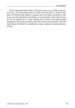 Saad Belghazi 
The EU agricultural trade balance varies from year to year. In 2006 it was neg-ative 
but it was substantially positive in 2008 and 2010 (table 5). In these latter 
years, EU bilateral trade balance is negative only with Turkey and Morocco. But 
in any event this agricultural trade balance is very dependent on the trade between 
the EU and Algeria that is a large importer of EU cereals, with imports greatly 
dependent on the climatic conditions that affect local cereal production. The total 
trade balance with Med 10 is unstable due to large variations in cereal production 
in Med. 
CASE Network Reports No. 109 20 
 