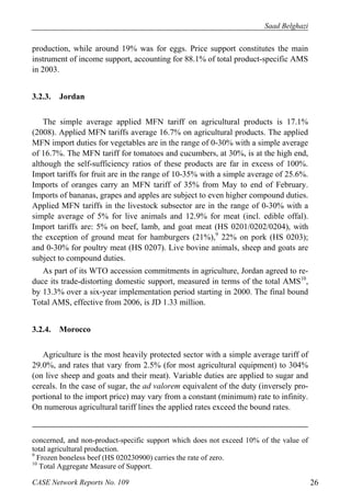 Saad Belghazi 
production, while around 19% was for eggs. Price support constitutes the main 
instrument of income support, accounting for 88.1% of total product-specific AMS 
in 2003. 
3.2.3. Jordan 
The simple average applied MFN tariff on agricultural products is 17.1% 
(2008). Applied MFN tariffs average 16.7% on agricultural products. The applied 
MFN import duties for vegetables are in the range of 0-30% with a simple average 
of 16.7%. The MFN tariff for tomatoes and cucumbers, at 30%, is at the high end, 
although the self-sufficiency ratios of these products are far in excess of 100%. 
Import tariffs for fruit are in the range of 10-35% with a simple average of 25.6%. 
Imports of oranges carry an MFN tariff of 35% from May to end of February. 
Imports of bananas, grapes and apples are subject to even higher compound duties. 
Applied MFN tariffs in the livestock subsector are in the range of 0-30% with a 
simple average of 5% for live animals and 12.9% for meat (incl. edible offal). 
Import tariffs are: 5% on beef, lamb, and goat meat (HS 0201/0202/0204), with 
the exception of ground meat for hamburgers (21%),9 22% on pork (HS 0203); 
and 0-30% for poultry meat (HS 0207). Live bovine animals, sheep and goats are 
subject to compound duties. 
As part of its WTO accession commitments in agriculture, Jordan agreed to re-duce 
its trade-distorting domestic support, measured in terms of the total AMS10, 
by 13.3% over a six-year implementation period starting in 2000. The final bound 
Total AMS, effective from 2006, is JD 1.33 million. 
3.2.4. Morocco 
Agriculture is the most heavily protected sector with a simple average tariff of 
29.0%, and rates that vary from 2.5% (for most agricultural equipment) to 304% 
(on live sheep and goats and their meat). Variable duties are applied to sugar and 
cereals. In the case of sugar, the ad valorem equivalent of the duty (inversely pro-portional 
to the import price) may vary from a constant (minimum) rate to infinity. 
On numerous agricultural tariff lines the applied rates exceed the bound rates. 
concerned, and non-product-specific support which does not exceed 10% of the value of 
total agricultural production. 
9 Frozen boneless beef (HS 020230900) carries the rate of zero. 
10 Total Aggregate Measure of Support. 
CASE Network Reports No. 109 26 
 