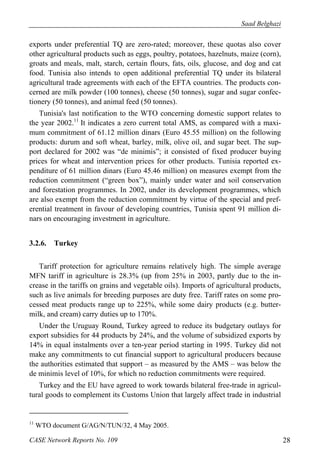 Saad Belghazi 
exports under preferential TQ are zero-rated; moreover, these quotas also cover 
other agricultural products such as eggs, poultry, potatoes, hazelnuts, maize (corn), 
groats and meals, malt, starch, certain flours, fats, oils, glucose, and dog and cat 
food. Tunisia also intends to open additional preferential TQ under its bilateral 
agricultural trade agreements with each of the EFTA countries. The products con-cerned 
are milk powder (100 tonnes), cheese (50 tonnes), sugar and sugar confec-tionery 
(50 tonnes), and animal feed (50 tonnes). 
Tunisia's last notification to the WTO concerning domestic support relates to 
the year 2002.11 It indicates a zero current total AMS, as compared with a maxi-mum 
commitment of 61.12 million dinars (Euro 45.55 million) on the following 
products: durum and soft wheat, barley, milk, olive oil, and sugar beet. The sup-port 
declared for 2002 was “de minimis”; it consisted of fixed producer buying 
prices for wheat and intervention prices for other products. Tunisia reported ex-penditure 
of 61 million dinars (Euro 45.46 million) on measures exempt from the 
reduction commitment (“green box”), mainly under water and soil conservation 
and forestation programmes. In 2002, under its development programmes, which 
are also exempt from the reduction commitment by virtue of the special and pref-erential 
treatment in favour of developing countries, Tunisia spent 91 million di-nars 
on encouraging investment in agriculture. 
3.2.6. Turkey 
Tariff protection for agriculture remains relatively high. The simple average 
MFN tariff in agriculture is 28.3% (up from 25% in 2003, partly due to the in-crease 
in the tariffs on grains and vegetable oils). Imports of agricultural products, 
such as live animals for breeding purposes are duty free. Tariff rates on some pro-cessed 
meat products range up to 225%, while some dairy products (e.g. butter-milk, 
and cream) carry duties up to 170%. 
Under the Uruguay Round, Turkey agreed to reduce its budgetary outlays for 
export subsidies for 44 products by 24%, and the volume of subsidized exports by 
14% in equal instalments over a ten-year period starting in 1995. Turkey did not 
make any commitments to cut financial support to agricultural producers because 
the authorities estimated that support – as measured by the AMS – was below the 
de minimis level of 10%, for which no reduction commitments were required. 
Turkey and the EU have agreed to work towards bilateral free-trade in agricul-tural 
goods to complement its Customs Union that largely affect trade in industrial 
11 WTO document G/AG/N/TUN/32, 4 May 2005. 
CASE Network Reports No. 109 28 
 