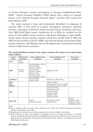 six Eastern European countries participating in European Neighborhood Policy 
(ENP) – Eastern European Neighbors (EEN), Russia with a status of a strategic 
partner in the “Common European Economic Space”, and other CIS countries not 
participating in ENP. 
The region analyzed is large and economically diversified. Its subgroups of 
countries differ in their levels of economic development, institutions, industrial 
structure, and progress achieved in market-oriented reforms. According to the latest 
(July 2006) World Bank country classification all six EENs are included into the 
group of lower-middle income countries, with Russia belonging to upper-middle-income 
group. Among transition countries which have recently (both in 2004 and 
2007) become members of the EU (NMS), only Slovenia belongs to the group of high-income 
economies, while Bulgaria stays on the opposite pole, remaining in the group 
of lower-middle-income economies. 
11 
ASSESSING THE DEVELOPMENT GAP 
The overall geopolitical taxonomy of the region's countries with respect to per capita income 
looks as follows: 
Country 
group 
High-income 
economies 
Notes: 
Shown in brackets: GNI per capita, Atlas method (current US$), from World Development Indicators 
database, World Bank, 1 July 2006. 
Turkmenistan is not included in our further analysis due to a lack of reliable country data. 
In further analysis, in some cases (notably in calculating the rates of income convergence) we include 
Armenia, Azerbaijan, Georgia, Kyrgyzstan, and Moldova into the group of CIS low-income countries; and 
Belarus, Russia, and Ukraine into the group of CIS middle-income countries, according to the previous 
World Bank classification. 
CASE Reports No. 74/2007 
Upper-middle-income 
economies 
Lower-middle-income 
economies 
Low-income 
economies 
EU15 
EU15 
(33235) 
NMS 
Slovenia 
(17350) 
Czech Republic (10710), 
Estonia (9100), 
Hungary (10030), 
Latvia (6760), 
Lithuania (7050), 
Poland (7110), 
Romania (3830), 
Slovak Republic (7950) 
Bulgaria (3450) 
Candidates 
Croatia (8060), 
Turkey (4710) 
Macedonia, FYR (2830) 
Other 
West 
Balkans 
Albania (2580), 
Bosnia & Herzegovina ( 2440), 
Serbia& Montenegro (3280) 
EEN 
Armenia (1470), 
Azerbaijan (1240), 
Belarus (2760), 
Georgia (1350), 
Moldova (880), 
Ukraine (1520) 
Other CIS Russian 
Federation (4460) 
Kazakhstan (2930) 
Turkmenistan 
Kyrgyz 
Republic (440), 
Tajikistan (330), 
Uzbekistan (510) 
 