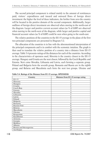 The second principal component is related mainly to the amount of remittances 
paid, visitors’ expenditures and inward and outward flows of foreign direct 
investment: the higher the level of these indicators, the further from zero the country 
will be located in the positive domain of the second component. Additionally, larger 
outflows of foreign direct investment are observed when moving to the north-east of 
the diagram. Larger and positive current account values (as % of GDP) are observed 
when moving to the north-west of the diagram, while larger and positive capital and 
financial account values (as % of GDP) could be seen when going to the south-east. 
The relative positions of the countries to the EU-15 average in the plane of the first 
two principal components are presented in Diagram 5.2. 
The allocation of the countries is in line with the aforementioned interpretation of 
the principal components and is in comfort with the economic intuition. The graph is 
then used to translate the relative position of a country into a distance from EU-15 
average. Table 5.4 presents ratings of the distances for each of the countries. According 
to the characteristics of openness used, Slovenia is the country closest to the EU-15 
average. Hungary and Croatia are the next closest, followed by the Czech Republic and 
Estonia. Next come Slovakia, Lithuania and Latvia, each forming a separate group. 
Poland and Bulgaria form the seventh group, Romania and Russia are in the eighth 
group, and Belarus and Macedonia each form the next two groups. Ukraine and 
118 
I. Sinitsina, A. Chubrik, I. Denisova, V. Dubrovskiy, M. Kartseva, I. Makenbaeva, M. Rokicka, M. Tokmazishvili 
CASE Reports No. 74/2007 
Table 5.4. Ratings of the Distance from EU-15 average, OPENNESS 
Country Distance from EU-15 average rating 
EU-15 0 
Slovenia 1 
Hungary 2 
Croatia 2 
Czech Rep. 3 
Estonia 3 
Slovakia 4 
Lithuania 5 
Latvia 6 
Poland 7 
Bulgaria 7 
Romania 8 
Russian Fed. 8 
Belarus 9 
Macedonia 10 
Ukraine 11 
Kyrgyzstan 11 
Kazakhstan 12 
Armenia 13 
Georgia 13 
Moldova 14 
Albania 15 
Bosnia and Herzegovina 16 
Azerbaijan 17 
 