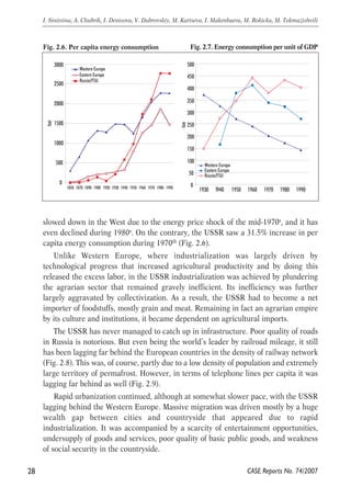 Fig. 2.6. Per capita energy consumption Fig. 2.7. Energy consumption per unit of GDP 
3000 
2500 
2000 
1500 
1000 
500 
500 
450 
400 
350 
300 
250 
200 
150 
100 
50 
slowed down in the West due to the energy price shock of the mid-1970s, and it has 
even declined during 1980s. On the contrary, the USSR saw a 31.5% increase in per 
capita energy consumption during 1970th (Fig. 2.6). 
Unlike Western Europe, where industrialization was largely driven by 
technological progress that increased agricultural productivity and by doing this 
released the excess labor, in the USSR industrialization was achieved by plundering 
the agrarian sector that remained gravely inefficient. Its inefficiency was further 
largely aggravated by collectivization. As a result, the USSR had to become a net 
importer of foodstuffs, mostly grain and meat. Remaining in fact an agrarian empire 
by its culture and institutions, it became dependent on agricultural imports. 
The USSR has never managed to catch up in infrastructure. Poor quality of roads 
in Russia is notorious. But even being the world’s leader by railroad mileage, it still 
has been lagging far behind the European countries in the density of railway network 
(Fig. 2.8). This was, of course, partly due to a low density of population and extremely 
large territory of permafrost. However, in terms of telephone lines per capita it was 
lagging far behind as well (Fig. 2.9). 
Rapid urbanization continued, although at somewhat slower pace, with the USSR 
lagging behind the Western Europe. Massive migration was driven mostly by a huge 
wealth gap between cities and countryside that appeared due to rapid 
industrialization. It was accompanied by a scarcity of entertainment opportunities, 
undersupply of goods and services, poor quality of basic public goods, and weakness 
of social security in the countryside. 
28 
I. Sinitsina, A. Chubrik, I. Denisova, V. Dubrovskiy, M. Kartseva, I. Makenbaeva, M. Rokicka, M. Tokmazishvili 
CASE Reports No. 74/2007 
0 
1850 1870 1890 1900 1920 1930 1940 1950 1960 1970 1980 1990 
toe 
Western Europe 
Eastern Europe 
Russia/FSU 
0 
1930 1940 1950 1960 1970 1980 1990 
toe 
Western Europe 
Eastern Europe 
Russia/FSU 
 