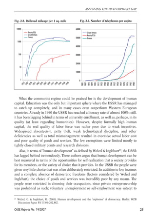 Fig. 2.8. Railroad mileage per 1 sq. mile Fig. 2.9. Number of telephones per capita 
10000 
1000 
100 
10 
1 
Russia/FSU 
Great Britain 
France 
1815 
1827 
1839 
1851 
1863 
1875 
1887 
1899 
1911 
1928 
1946 
1958 
1970 
60000 
50000 
40000 
30000 
20000 
10000 
Great Britain 
Russia/FSU 
Greece 
What the communist regime could be praised for is the development of human 
capital. Education was the only but important sphere where the USSR has managed 
to catch up completely, and in many cases even outperform Western European 
countries. Already in 1960 the USSR has reached a literacy rate of almost 100%; still. 
it has been lagging behind in terms of university enrollment, as well as, perhaps, in its 
quality (at least regarding humanities). However, despite formally high human 
capital, the real quality of labor force was rather poor due to weak incentives. 
Widespread absenteeism, petty theft, weak technological discipline, and other 
deficiencies as well as total mismanagement resulted in excessive actual labor cost 
and poor quality of goods and services. The few exemptions were limited mostly to 
tightly closed military plants and research divisions. 
Also, in terms of “human development” as defined by Welzel & Inglehart23, the USSR 
has lagged behind tremendously. These authors argue that human development can be 
best measured in terms of the opportunities for self-realization that a society provides 
for its members, or the variety of choice that it provides. In the USSR the people were 
given very little choice that was often deliberately restricted. In addition to low incomes 
and a complete absence of democratic freedoms (factors considered by Welzel and 
Inglehart), the choice of goods and services was incredibly poor by any means. The 
people were restricted in choosing their occupations, since private entrepreneurship 
was prohibited as such; voluntary unemployment or self-employment was subject to 
29 
ASSESSING THE DEVELOPMENT GAP 
23 Welzel, C. & Inglehart, R. (2001). Human development and the ‘explosion’ of democracy. Berlin: WZB 
Discussion Paper FS III 01–202,WZ. 
CASE Reports No. 74/2007 
0 
1881 
1887 
1893 
1899 
1905 
1911 
1922 
1928 
1934 
1946 
1952 
1958 
1964 
1970 
1976 
1982 
1988 
 