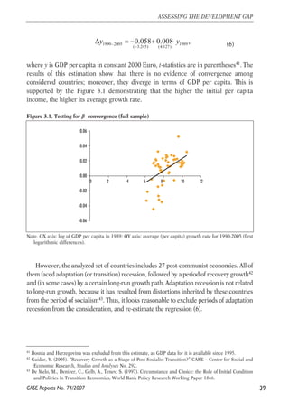 (6) 
y 0.058 0.008 y , − − 
Δ =− + ⋅ 
1990 2005 1989 
( 3.245) (4.127) 
where y is GDP per capita in constant 2000 Euro, t-statistics are in parentheses41. The 
results of this estimation show that there is no evidence of convergence among 
considered countries; moreover, they diverge in terms of GDP per capita. This is 
supported by the Figure 3.1 demonstrating that the higher the initial per capita 
income, the higher its average growth rate. 
Figure 3.1. Testing for β convergence (full sample) 
Note. OX axis: log of GDP per capita in 1989; OY axis: average (per capita) growth rate for 1990-2005 (first 
logarithmic differences). 
However, the analyzed set of countries includes 27 post-communist economies. All of 
them faced adaptation (or transition) recession, followed by a period of recovery growth42 
and (in some cases) by a certain long-run growth path. Adaptation recession is not related 
to long-run growth, because it has resulted from distortions inherited by these countries 
from the period of socialism43. Thus, it looks reasonable to exclude periods of adaptation 
recession from the consideration, and re-estimate the regression (6). 
39 
ASSESSING THE DEVELOPMENT GAP 
41 Bosnia and Herzegovina was excluded from this estimate, as GDP data for it is available since 1995. 
42 Gaidar, Y. (2005). “Recovery Growth as a Stage of Post-Socialist Transition?” CASE – Center for Social and 
Economic Research, Studies and Analyses No. 292. 
43 De Melo, M., Denizer, C., Gelb, A., Tenev, S. (1997). Circumstance and Choice: the Role of Initial Condition 
and Policies in Transition Economies, World Bank Policy Research Working Paper 1866. 
CASE Reports No. 74/2007 
0 2 4 6 8 10 12 
0.06 
0.04 
0.02 
0.00 
-0.02 
-0.04 
-0.06 
 