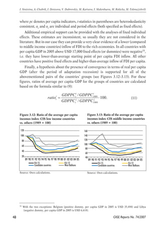 t 
where pc denotes per capita indicators, t-statistics in parentheses are heteroskedasticity 
consistent, and are individual and period effects (both specified as fixed effects). 
i 
ααAdditional empirical support can be provided with the analyses of fixed individual 
effects. These estimates are inconsistent, so usually they are not considered in the 
literature. But in our case they can provide a very clear evidence of a lower (compared 
to middle income countries) inflow of FDI to the rich economies. In all countries with 
per capita GDP in 2005 above USD 17,000 fixed effects (or dummies) were negative55, 
i.e. they have lower-than-average starting point of per capita FDI inflow. All other 
countries have positive fixed effects and higher-than-average inflow of FDI per capita. 
Finally, a hypothesis about the presence of convergence in terms of real per capita 
GDP (after the period of adaptation recession) is supported for all of the 
abovementioned pairs of the countries’ groups (see Figures 3.12–3.13). For these 
figures, ratios of average per capita GDP for the groups of countries are calculated 
based on the formula similar to (9): 
i i 
ratio GDPPC GDPPC 
i t 
t j j 
= ⋅ 
(11) 1989 
1989 
/ 
100. 
GDPPC / 
GDPPC 
t 
48 
I. Sinitsina, A. Chubrik, I. Denisova, V. Dubrovskiy, M. Kartseva, I. Makenbaeva, M. Rokicka, M. Tokmazishvili 
Figure 3.12: Ratio of the average per capita 
incomes index: CIS low income countries 
vs. others (1989 = 100) 
Figure 3.13: Ratio of the average per capita 
incomes index: CIS middle income countries 
vs. others (1989 = 100) 
120 
100 
80 
60 
40 
20 
89 90 91 92 93 94 95 96 97 98 99 00 01 02 03 04 05 
EU-15 EU-12 
Candidate countries West Balkans 
160 
140 
120 
100 
80 
60 
40 
89 90 91 92 93 94 95 96 97 98 99 00 01 02 03 04 05 
Source: Own calculations. Source: Own calculations. 
55 With the two exceptions: Belgium (positive dummy, per capita GDP in 2005 is USD 35,498) and Libya 
CASE Reports No. 74/2007 
(negative dummy, per capita GDP in 2005 is USD 6,618). 
EU-15 EU-12 
Candidate countries West Balkans 
 