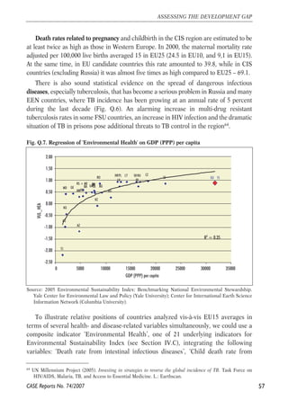 Death rates related to pregnancy and childbirth in the CIS region are estimated to be 
at least twice as high as those in Western Europe. In 2000, the maternal mortality rate 
adjusted per 100,000 live births averaged 15 in EU25 (24.5 in EU10, and 9,1 in EU15). 
At the same time, in EU candidate countries this rate amounted to 39.8, while in CIS 
countries (excluding Russia) it was almost five times as high compared to EU25 – 69.1. 
There is also sound statistical evidence on the spread of dangerous infectious 
diseases, especially tuberculosis, that has become a serious problem in Russia and many 
EEN countries, where TB incidence has been growing at an annual rate of 5 percent 
during the last decade (Fig. Q.6). An alarming increase in multi-drug resistant 
tuberculosis rates in some FSU countries, an increase in HIV infection and the dramatic 
situation of TB in prisons pose additional threats to TB control in the region64. 
Fig. Q.7. Regression of 'Environmental Health' on GDP (PPP) per capita 
PL LT SK HU 
SI 
RO HR 
MTKR 
RS + ME 
AM 
UZ 
Source: 2005 Environmental Sustainability Index: Benchmarking National Environmental Stewardship. 
Yale Center for Environmental Law and Policy (Yale University); Center for International Earth Science 
Information Network (Columbia University). 
To illustrate relative positions of countries analyzed vis-à-vis EU15 averages in 
terms of several health- and disease-related variables simultaneously, we could use a 
composite indicator ‘Environmental Health’, one of 21 underlying indicators for 
Environmental Sustainability Index (see Section IV.C), integrating the following 
variables: ‘Death rate from intestinal infectious diseases’, ‘Child death rate from 
57 
ASSESSING THE DEVELOPMENT GAP 
64 UN Millennium Project (2005). Investing in strategies to reverse the global incidence of TB. Task Force on 
HIV/AIDS, Malaria, TB, and Access to Essential Medicine. L.: Earthscan. 
CASE Reports No. 74/2007 
E U 51 
CZ 
EE 
LV 
BG 
AL 
BA 
AZ 
BY 
MD GE 
RU 
UA 
KZ 
KG 
TJ 
0 5000 10000 15000 20000 25000 30000 35000 
GDP (PPP) per capita 
VUL_HEA 
R2 = 0.35 
2.00 
1.50 
1.00 
0.50 
0.00 
-0.50 
-1.00 
-1.50 
-2.00 
-2.50 
 