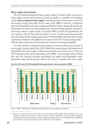 Water supply and sanitation 
The two human development issues closely related to human health are access to 
water supply sources and sanitation. Treated generally as a problem of developing 
world, access to improved water supply65 remains one of the serious issues not only for 
low-income Central Asian CIS, but for some of the NMS as well (e.g. in Romania 
percent of households with water connection failed to improve during the last decade 
and amounts to 49 percent of households only, with particularly dramatic situation in 
rural areas, where it equals merely 13 percent). While in EU25 the gap between the 
two countries with the best and worst rates in terms of water access has decreased 
from 23 to about 20 percentage points between 1990 and 2004, within the CIS a similar 
gap (between Armenia and Tajikistan) has grown from 50 to 52 percentage points – 
with the disparity between the two groups of countries increasing accordingly. 
For CIS countries, a huge discrepancy between rural and urban areas in terms of 
water supply remains typical (Fig. Q.10). Within this country group, the proportion of 
households with water supply in urban areas exceeds one in rural areas 2.7 times (in 
EU15 this gap is only 1 percentage point, and in NMS – 11 percentage points). Among 
CIS, only two countries (Armenia and Russia) can satisfy rural households’ water 
demand by more than 50 percent, while in five out of 11 countries this rate is under 
60 
I. Sinitsina, A. Chubrik, I. Denisova, V. Dubrovskiy, M. Kartseva, I. Makenbaeva, M. Rokicka, M. Tokmazishvili 
Fig. Q.10. Percent of CIS households having permanent water connection (2004) 
100 
90 
80 
70 
60 
50 
40 
30 
20 
10 
Source: WHO - UNICEF Joint Monitoring Programme for water supply and sanitation. 
65 Access to an improved water source refers to the percentage of households with reasonable access to an 
adequate amount of water from an improved source, such as a household connection, public standpipe, 
borehole, protected well or spring, or rainwater collection. Reasonable access is defined as the availability of 
at least 20 liters a person a day from a source within 1 km of the dwelling. 
CASE Reports No. 74/2007 
0 
Armenia 
Azerbaijan 
Belarus 
Georgia 
Moldova 
Ukraine 
Uzbekistan 
Tajikistan 
Kazakhstan 
Kyrgyzstan 
EEN countries Russia CIS Central Asia 
% 
Urban 
Rural 
 