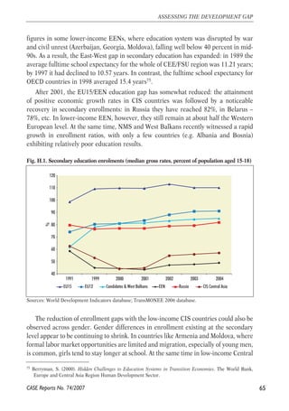 figures in some lower-income EENs, where education system was disrupted by war 
and civil unrest (Azerbaijan, Georgia, Moldova), falling well below 40 percent in mid- 
90s. As a result, the East-West gap in secondary education has expanded: in 1989 the 
average fulltime school expectancy for the whole of CEE/FSU region was 11.21 years; 
by 1997 it had declined to 10.57 years. In contrast, the fulltime school expectancy for 
OECD countries in 1998 averaged 15.4 years75. 
After 2001, the EU15/EEN education gap has somewhat reduced: the attainment 
of positive economic growth rates in CIS countries was followed by a noticeable 
recovery in secondary enrollments: in Russia they have reached 82%, in Belarus – 
78%, etc. In lower-income EEN, however, they still remain at about half the Western 
European level. At the same time, NMS and West Balkans recently witnessed a rapid 
growth in enrollment ratios, with only a few countries (e.g. Albania and Bosnia) 
exhibiting relatively poor education results. 
Fig. H.1. Secondary education enrolments (median gross rates, percent of population aged 15-18) 
120 
110 
100 
90 
80 
70 
60 
50 
40 
1991 1999 2000 2001 2002 2003 2004 
% 
EU15 EU12 Candidates & West Balkans EEN Russia CIS Central Asia 
Sources: World Development Indicators database; TransMONEE 2006 database. 
The reduction of enrollment gaps with the low-income CIS countries could also be 
observed across gender. Gender differences in enrollment existing at the secondary 
level appear to be continuing to shrink. In countries like Armenia and Moldova, where 
formal labor market opportunities are limited and migration, especially of young men, 
is common, girls tend to stay longer at school. At the same time in low-income Central 
65 
ASSESSING THE DEVELOPMENT GAP 
75 Berryman, S. (2000). Hidden Challenges to Education Systems in Transition Economies. The World Bank, 
Europe and Central Asia Region Human Development Sector. 
CASE Reports No. 74/2007 
 