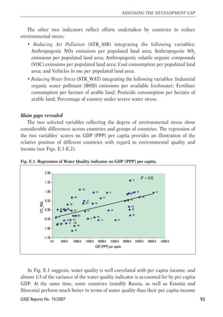 The other two indicators reflect efforts undertaken by countries to reduce 
environmental stress: 
• Reducing Air Pollution (STR_AIR) integrating the following variables: 
Anthropogenic NOx emissions per populated land area; Anthropogenic SO2 
emissions per populated land area; Anthropogenic volatile organic compounds 
(VOC) emissions per populated land area; Coal consumption per populated land 
area; and Vehicles in use per populated land area. 
• Reducing Water Stress (STR_WAT) integrating the following variables: Industrial 
organic water pollutant (BOD) emissions per available freshwater; Fertilizer 
consumption per hectare of arable land; Pesticide consumption per hectare of 
arable land; Percentage of country under severe water stress. 
Main gaps revealed 
The two selected variables reflecting the degree of environmental stress show 
considerable differences across countries and groups of countries. The regression of 
the two variables’ scores on GDP (PPP) per capita provides an illustration of the 
relative position of different countries with regard to environmental quality and 
income (see Figs. E.1-E.2). 
Fig. E.1. Regression of Water Quality indicator on GDP (PPP) per capita. 
BA 
AM 
GE BY 
AZ 
2.00 
1.50 
1.00 
0.50 
0.00 
-0.50 
-1.00 
As Fig. E.1 suggests, water quality is well correlated with per capita income, and 
almost 1/3 of the variance of the water quality indicator is accounted for by per capita 
GDP. At the same time, some countries (notably Russia, as well as Estonia and 
Slovenia) perform much better in terms of water quality than their per capita income 
93 
ASSESSING THE DEVELOPMENT GAP 
CASE Reports No. 74/2007 
AT 
BE 
DK 
FI 
FR 
DE 
GR 
IE 
IT 
NL 
PT 
ES 
SEGB 
CZ 
EE 
HU 
LV 
LT 
PL 
SK 
SI 
BG 
RO 
HR 
MK 
TR 
AL 
RS +ME 
MD 
RU 
UA 
KZ 
KG 
TJ 
UZ 
-1.50 
0.0 5000.0 10000.0 15000.0 20000.0 25000.0 30000.0 35000.0 40000.0 45000.0 
GDP (PPP) per capita 
SYS_WQL 
R2 = 0,32 
 