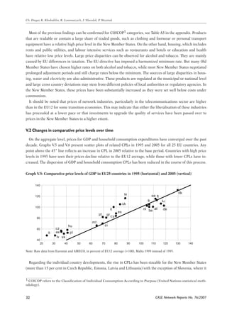 Most of the previous findings can be confirmed for COICOP categories, see Table A3 in the appendix. Products 
that are tradable or contain a large share of traded goods, such as clothing and footwear or personal transport 
equipment have a relative high price level in the New Member States. On the other hand, housing, which includes 
rents and public utilities, and labour intensive services such as restaurants and hotels or education and health 
have relative low price levels. Large price disparities can be observed for alcohol and tobacco. They are mainly 
caused by EU differences in taxation. The EU directive has imposed a harmonized minimum rate. But many Old 
Member States have chosen higher rates on both alcohol and tobacco, while most New Member States negotiated 
prolonged adjustment periods and still charge rates below the minimum. The sources of large disparities in hous-ing, 
dk 
fi 
fr 
se 
be at 
lu 
de 
140 
120 
100 
80 
60 
40 
20 30 40 50 60 70 80 90 100 110 120 130 140 
CASE Network Reports No. 76/2007 
Ch. Dreger, K. Kholodilin, K. Lommatzsch, J. Slacalek, P. Wozniak 
32 
water and electricity� are also administrative. These products are regulated at the municipal or national level 
and large cross country deviations may stem from different policies of local authorities or regulatory agencies. In 
the New Member States, these prices have been substantially increased as they were set well below costs under 
communism. 
It should be noted that prices of network industries, particularly in the telecommunications sector are higher 
than in the EU12 for some transition economies. This may indicate that either the liberalisation of these industries 
has proceeded at a lower pace or that investments to upgrade the quality of services have been passed over to 
prices in the New Member States to a higher extent. 
V.2 Changes in comparative price levels over time 
On the aggregate level, prices for GDP and household consumption expenditures have converged over the past 
decade. Graphs V.5 and V.6 present scatter plots of related CPLs in 1995 and 2005 for all 25 EU countries. Any 
point above the 45˚ line reflects an increase in CPL in 2005 relative to the base period. Countries with high price 
levels in 1995 have seen their prices decline relative to the EU12 average, while those with lower CPLs have in-creased. 
The dispersion of GDP and household consumption CPLs has been reduced in the course of this process. 
Graph V.5: Comparative price levels of GDP in EU25 countries in 1995 (horizontal) and 2005 (vertical) 
it 
gr cy 
cz 
ee 
es 
hu 
lt 
lv 
mt 
nl 
pl 
pt 
si 
sk 
ie 
uk 
Note: Raw data from Eurostat and AMECO, in percent of EU12 average (=100), Malta 1999 instead of 1995. 
Regarding the individual country developments, the rise in CPLs has been sizeable for the New Member States 
(more than 15 per cent in Czech Republic, Estonia, Latvia and Lithuania) with the exception of Slovenia, where it 
COICOP refers to the Classification of Individual Consumption According to Purpose (United Nations statistical meth-odology). 
 